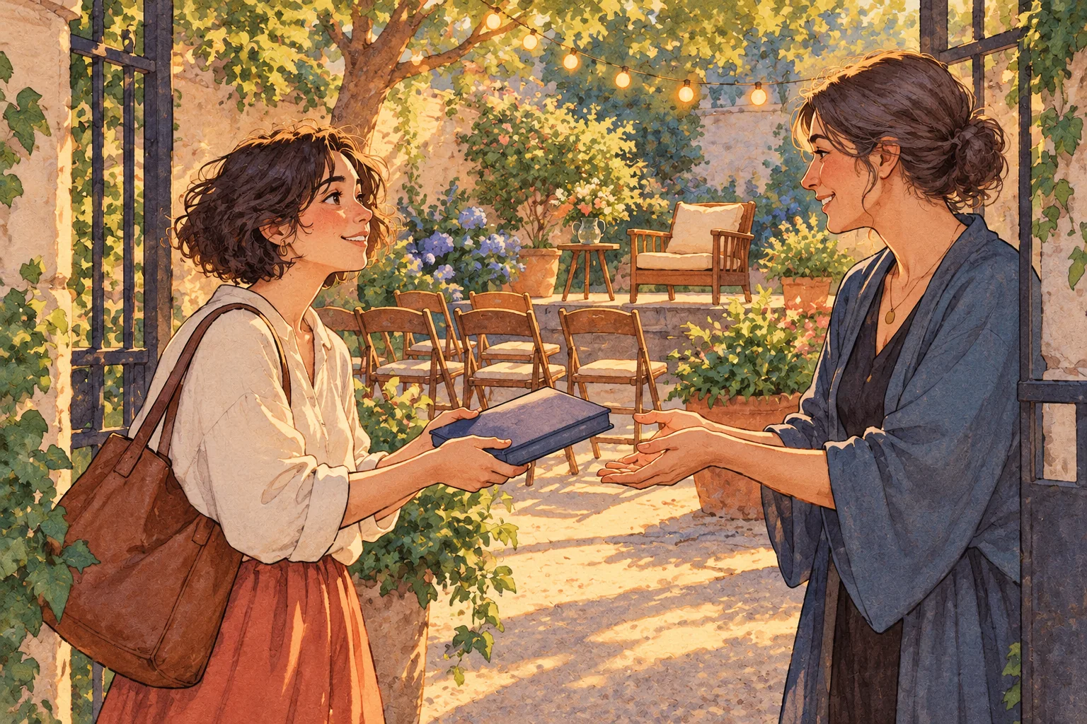Двое взрослых у входа в садовый дворик передают закрытую книгу; позади стоят кресло и стулья для встречи.