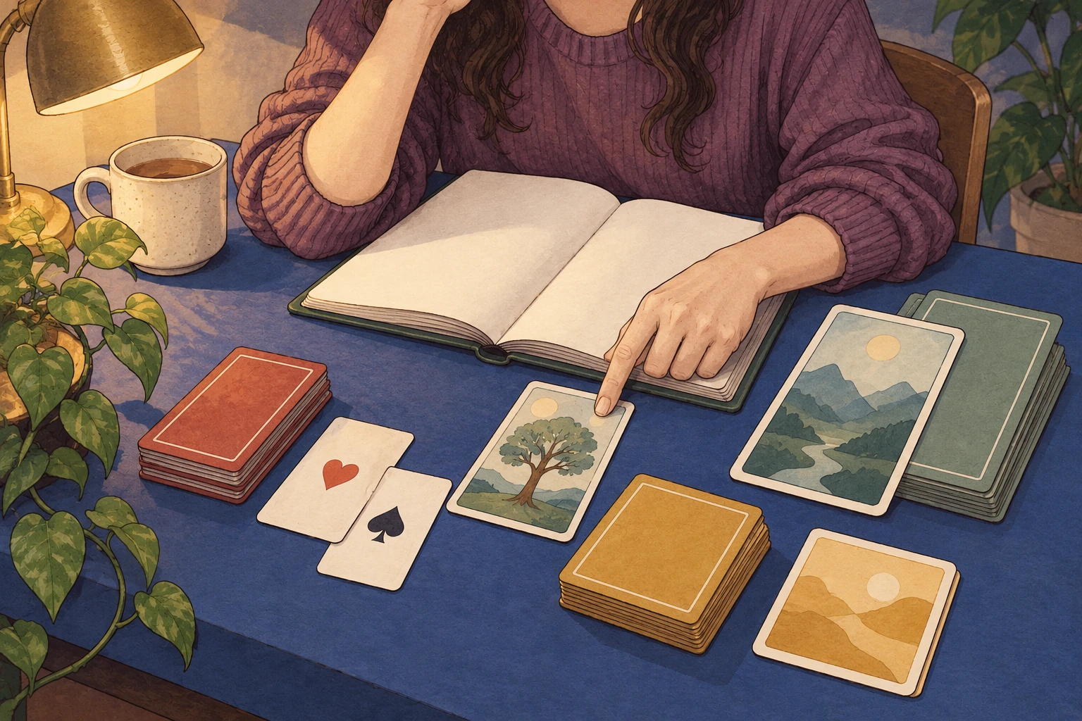 Женщина рассматривает карту с деревом рядом с раскрытой книгой; на столе раздельно лежат карты с мастями и иллюстрированные наборы разных размеров.
